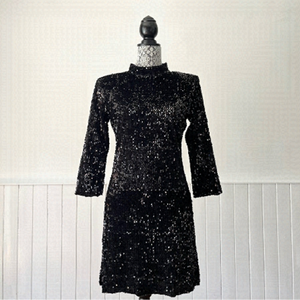 Zara Basic Black Mock Neck Open Back 3/4 Sleeve Sequin Mini Dress Size L